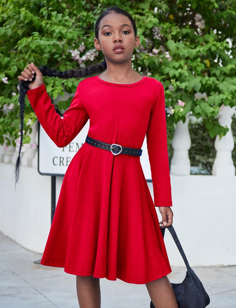 Arshiner Girls' Cotton Long Sleeve Twirly Skater Party Dress, Red, 10 Years - Image 4